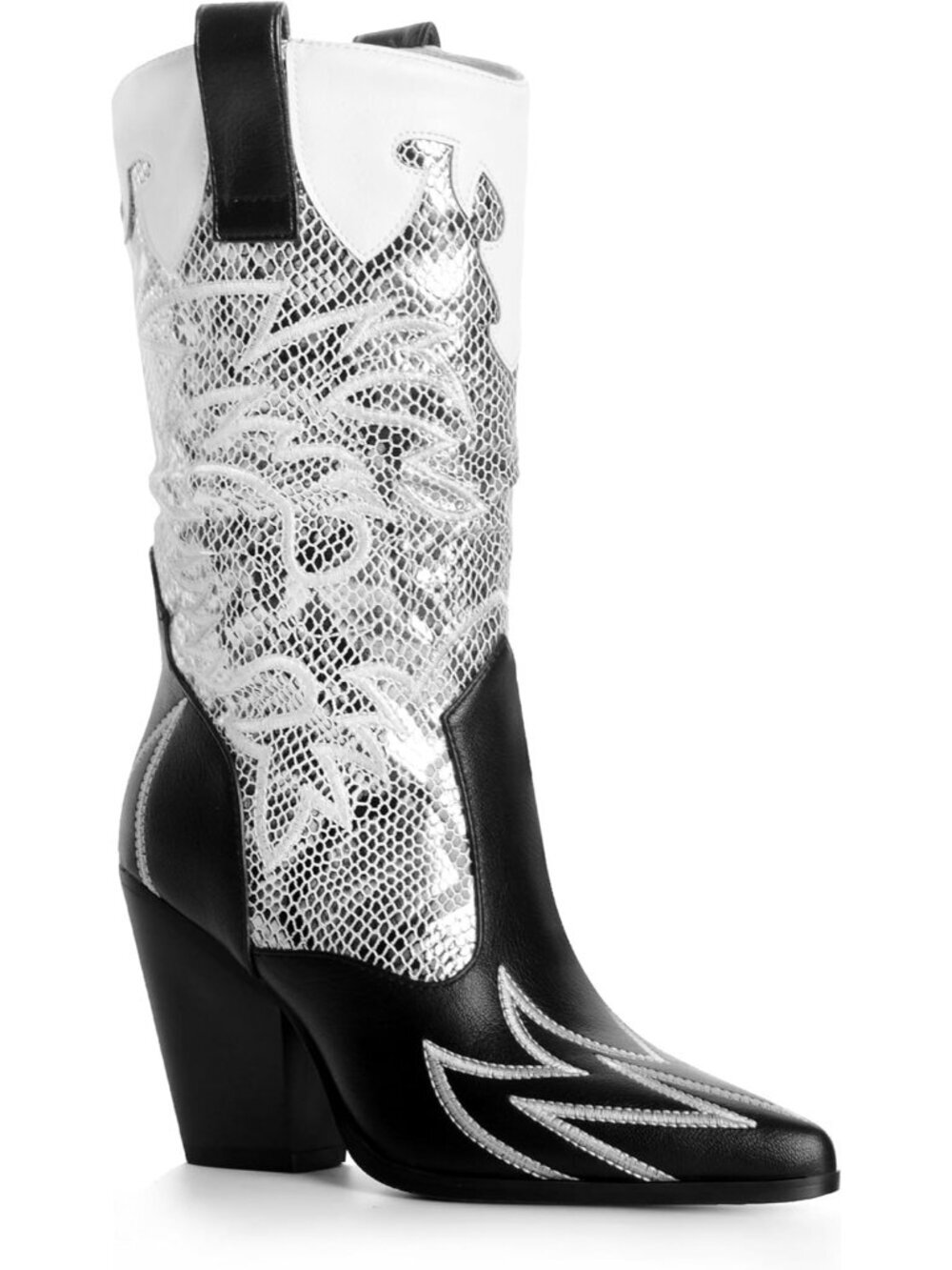Women Black and Grey Faux Leather Mid Calf Embroidery Pointed Toe Cowboy Boots